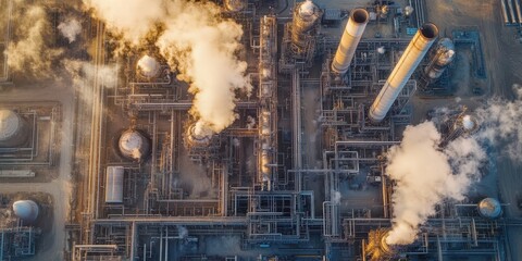 Aerial view of an oil refinery captured by drone, showcasing industrial structures and energy production.