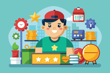A cheerful cartoon character evaluates product quality surrounded by colorful items and tools for creativity, Product quality Customizable Cartoon Illustration