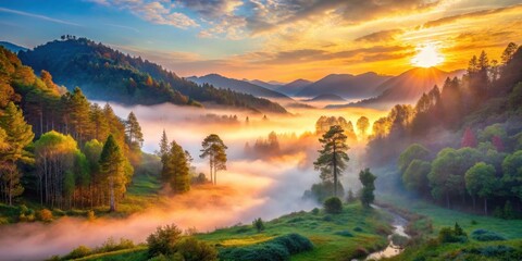 Golden Sunrise Illuminates Misty Mountain Valley with Serene Forest and Gentle Creek