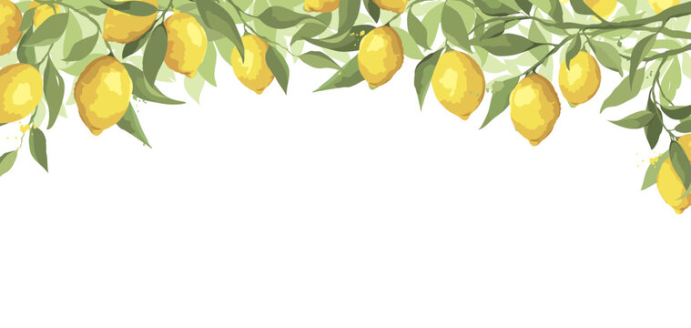 Summer background with lemon branch -- free hand drawing. Poster with citrus fruits, vector illustration, label, wallpaper.	