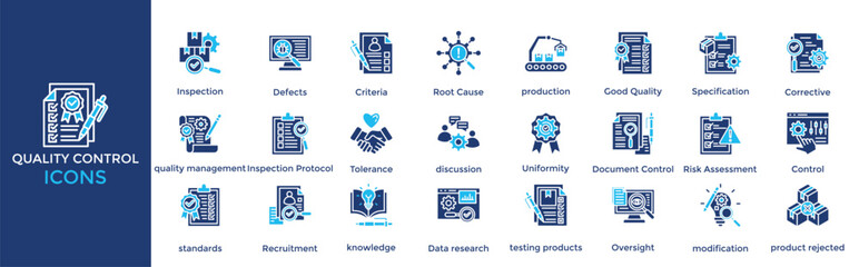 Quality Control icon set. Containing Inspection, Defects, Criteria, Root Cause, production 