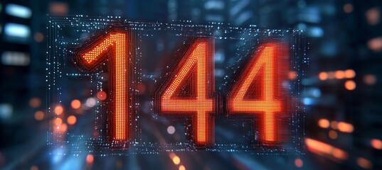 Glowing Digital Single Big 3D Number 144 in Futuristic Style on Digital Abstract background
