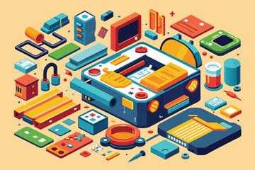 Obraz premium A detailed teardown of a customizable product showing various components and tools scattered around, Product teardown Customizable Disproportionate Illustration