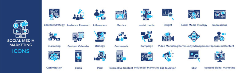social media marketing icon set. Containing Content Strategy, Audience Research, Influencers, Metrics, social media