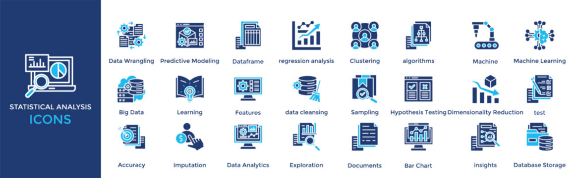 Statistical Analysis icon set. Containing Data Wrangling, Predictive Modeling, Dataframe, regression analysis, algorithms