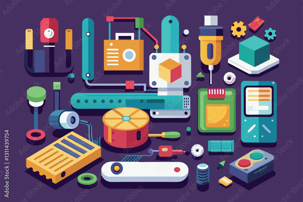 Poster a detailed view of various tools and components in a customizable flat design setup for product tear