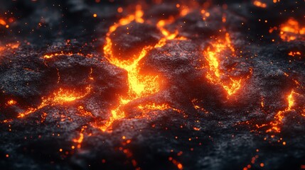 Closeup view of fiery orange and red lava flowing across a dark textured surface