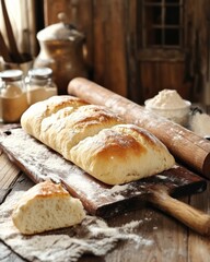 Freshly baked bread cooling on a rustic wooden countertop with warm natural light and a rolling pin nearby