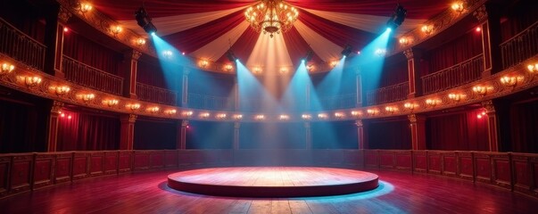 Grand, ornate circus tent interior, spotlight illuminating center ring area , photograph, shadow