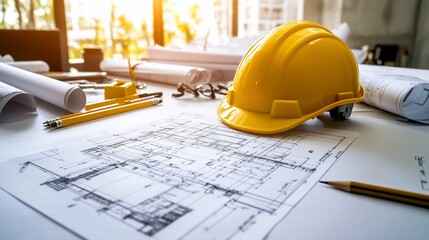 Architectural blueprints with safety helmet on desk