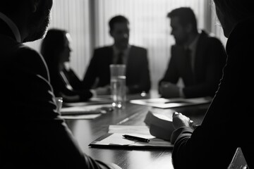 Serious Business Meeting Silhouettes Corporate Team Conference deal group black white office people 