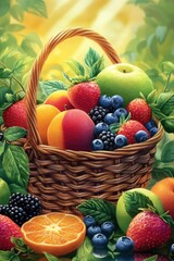 A vibrant wicker basket filled with fresh strawberries, peaches, blueberries, blackberries, apples, and oranges