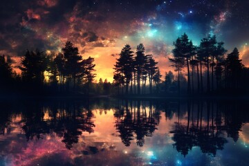 Celestial Reflections: A serene panorama of a calm lake reflecting the vibrant colors of the sky with the silhouettes of trees, creating a sense of peace and wonder. 
