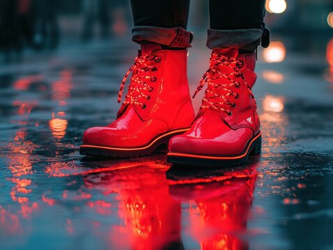 Woman wearing trendy red boots standing in puddle reflecting city lights