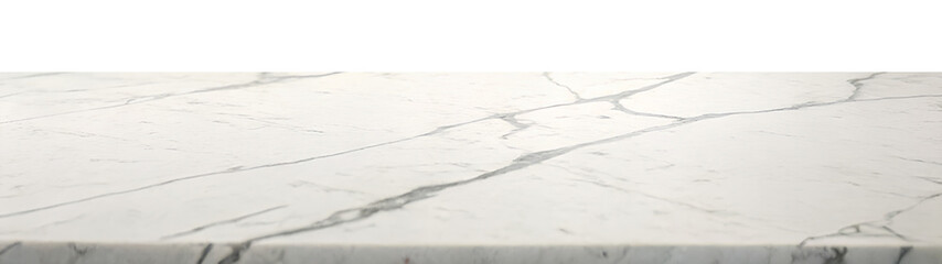 A white marble countertop with gray veining, isolated on a transparent background, ideal for...