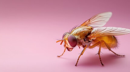 Fototapeta premium A detailed macro shot of a golden insect highlights its intricate features and colors, set against a soft pink background, creating an abstract yet realistic perspective of nature.
