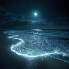 Fototapeta premium Moonlit Ocean Waves Under Starry Sky with Soft Glowing Water