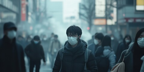 Fototapeta premium A heavily polluted street with people wearing masks, highlighting urban environmental challenges and public health concerns.