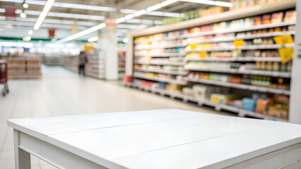 Naklejka premium Empty white Tabletop in Front of a Blurred Grocery Store.png
