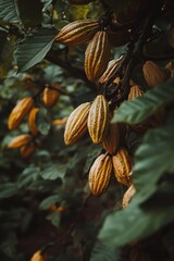 Cocoa pods hang from a tree among large green leaves, highlighting the rich textures of a tropical plantation.