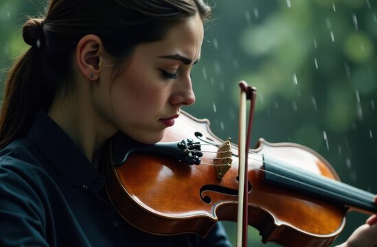 Musician performs violin tribute during Memorial Day observance in rain - Powered by Adobe