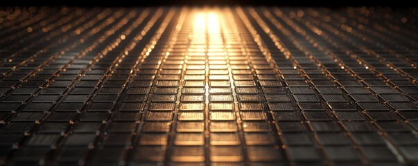 A close-up view of a textured surface illuminated by warm light, showcasing a grid pattern with reflections.