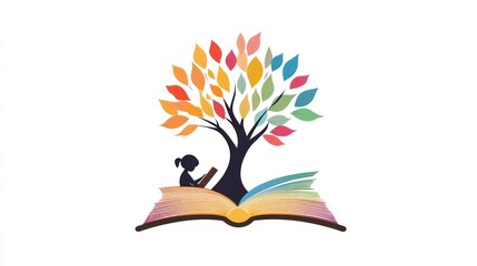 Obraz premium Colorful book logo with girl reading under tree