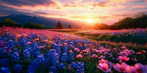 The beauty of wildflowers illuminated by the warm glow of a setting sun.