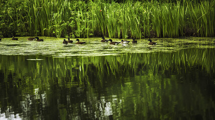 Obraz premium Ducks glide across reflective wetland surrounded by lush greenery