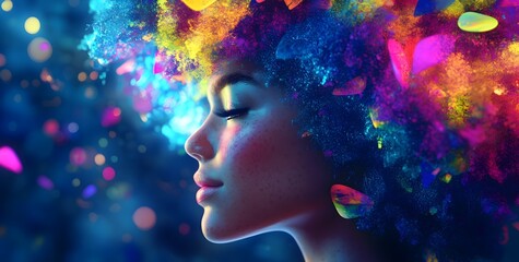 Ethereal Profile of a Beautiful Woman with Colorful Hair Made of Abstract Shapes and Vibrant Colors, Surreal Fantasy Scene