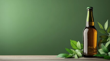 This sophisticated beer bottle stands upright on a rustic surface, surrounded by leaves, offering a touch of elegance against a muted green backdrop, ideal for marketing.
