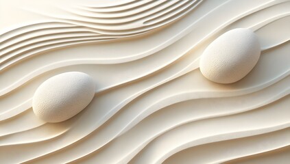 Abstract Beige Background with Smooth Waves, Rocks, and Shiny Stones on Sand, Zen Garden Style