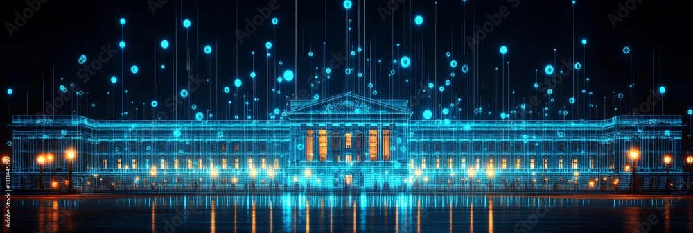Poster digital transformation, historic building outlined in network of data points representing big data