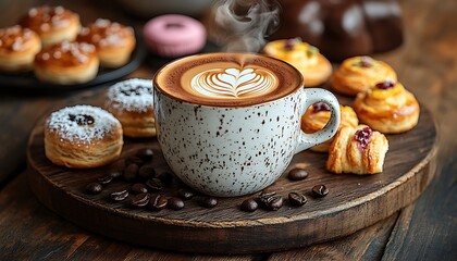 Steaming Cappuccino with Latte Art Surrounded by Pastries on Wooden Board