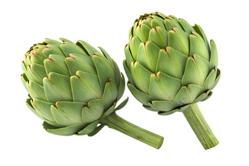 Fototapeta premium Artichoke Duo: A close-up shot of two fresh artichokes, showcasing their intricate, layered structure and vibrant green color, promising a healthy and delicious culinary experience.