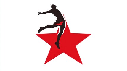 Silhouette of person jumping on red star, action shot