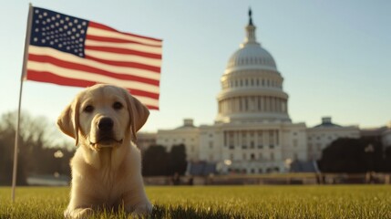Adorable Labrador puppy lying on green grass with the American flag and the United States Capitol in the background
