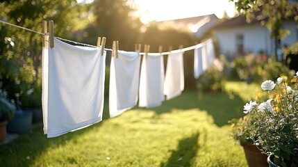 Clothesline laundry, sunny garden, drying clothes