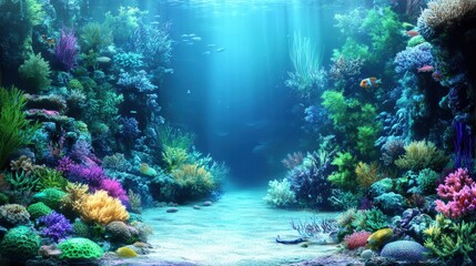 Naklejka premium Underwater scene featuring colorful corals and various species of fish swimming in a vibrant marine environment