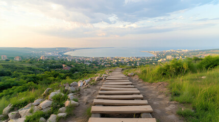 Fototapeta premium A rustic staircase leads the way to a serene coastal cityscape