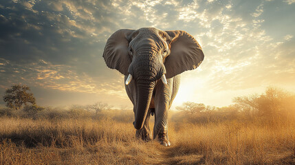 Obraz premium Majestic elephant walking through golden sunset landscape