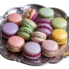Obraz premium A vibrant and artfully arranged assortment of French macarons, delicately placed on a sturdy, ornate silver serving tray with a subtle sheen, featuring an array of mesmerizing shell colors such .