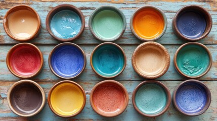 Fototapeta premium Colorful ceramic bowls on distressed wood