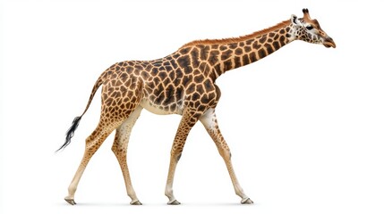 Obraz premium Graceful giraffe walking elegantly across a bright white background showcasing its unique features and tall stature