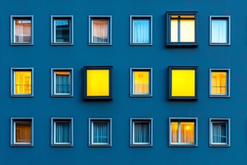 A vibrant blue building facade featuring multiple windows, some illuminated in warm yellow tones, creating a visually striking contrast.