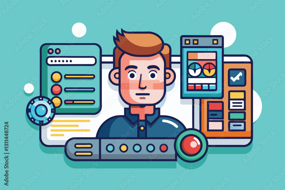 Poster a customizable profile interface shows a user engaging with various data visualizations and options,