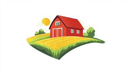 Fototapeta premium Red Barn on a Field, Sunny Day, Countryside Illustration