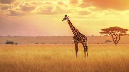 Obraz premium Giraffe standing in tall grass at sunset on savannah