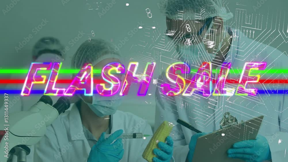 Poster scientist examining sample with flash text and circuit animation overlay
