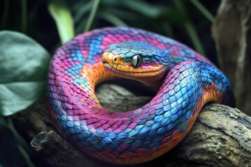 Vibrant and colorful snake resting on a branch in a lush environment, showcasing its stunning scales and intricate patterns
